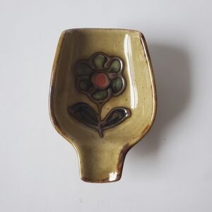 Vintage Otagiri Stoneware Spoon Rest Speckled Hand Painted Flower Japan